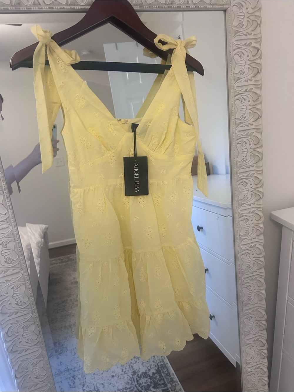 Hello Molly Pale Yellow Eyelet Tie-Shoulder Mini Dress